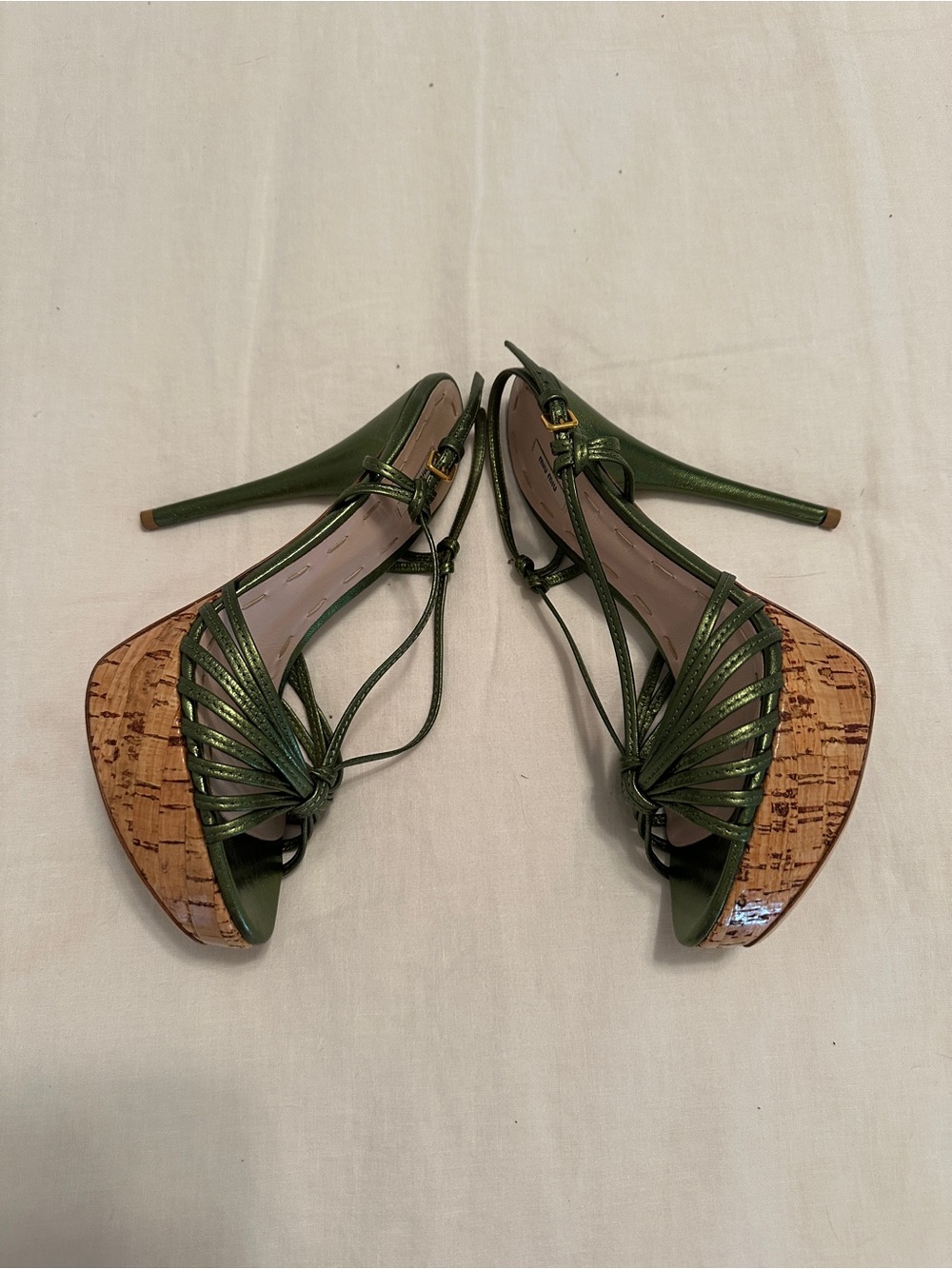 Miu Miu Metallic Olive Green Strappy Knot-Heel Sandals - Picture 4 of 8